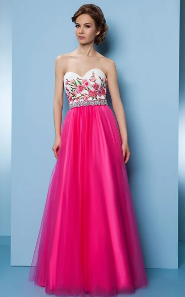 A-Line Floor-Length Sleeveless Sweetheart Embroidered Tulle&Satin Prom Dress With Beading