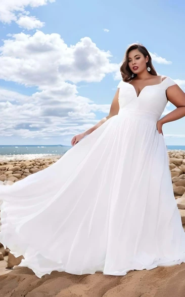 Plus Size A-Line Chiffon Wedding Dress 2023 Ethereal Beach V-neck Floor-length