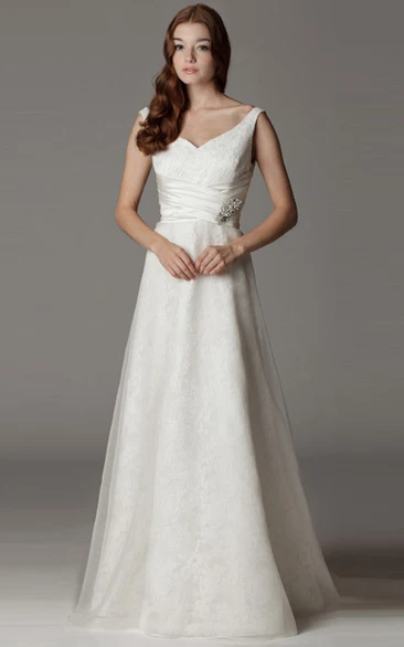 A-Line Floor-Length Appliqued V-Neck Sleeveless Satin Wedding Dress With Broach And Bow