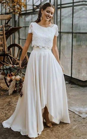 Elegant Bateau Two Piece Satin and Lace Short Sleeve Floor-length Wedding Dress with Pleats