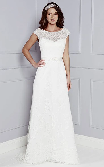Floor-Length Cap-Sleeve Bowed Scoop-Neck Lace Wedding Dress