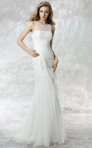 Sheath Scoop Long Lace Sleeveless Tulle Wedding Dress With Illusion Back And Side Draping