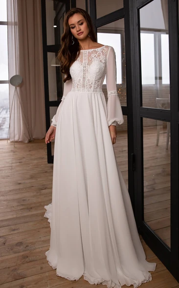 Ethereal A Line Chiffon and Lace Bateau Sweep Train Wedding Dress with Ruching