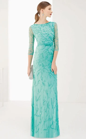 Sheath Jewel-Neck Floor-Length Illusion-Sleeve Sequins&Satin Prom Dress