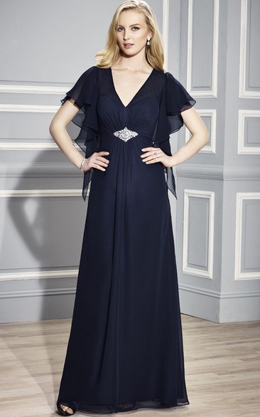 V-Neck Poet Sleeve Jeweled Chiffon Mother Of The Bride Dress With Draping