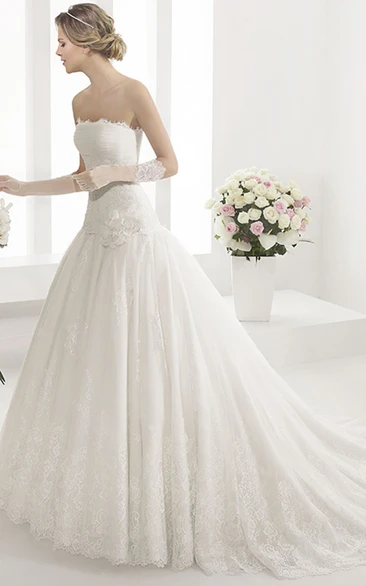 Ruched Top Lace Drop Waist Ball Gown With Organza Flower