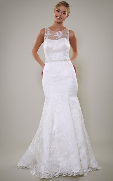 Sheath Scoop Sleeveless Long Appliqued Satin Wedding Dress With Low-V Back And Waist Jewellery
