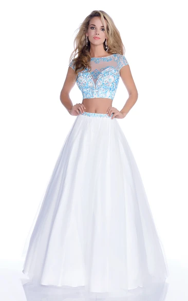Cap Sleeve Crop Top A-Line Tulle Gown With Jeweled Lace Bodice