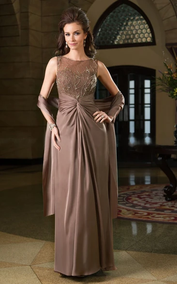 Sleeveless Bateau-Neck Gown With Matching Shawl And Beadings