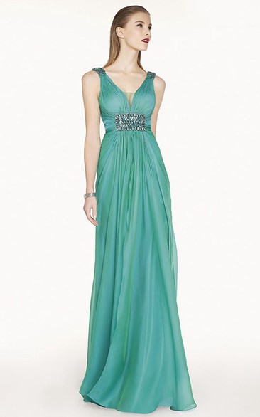 Empire Crystal Waist A-Line Chiffon Long Prom Dress With Cowl Back