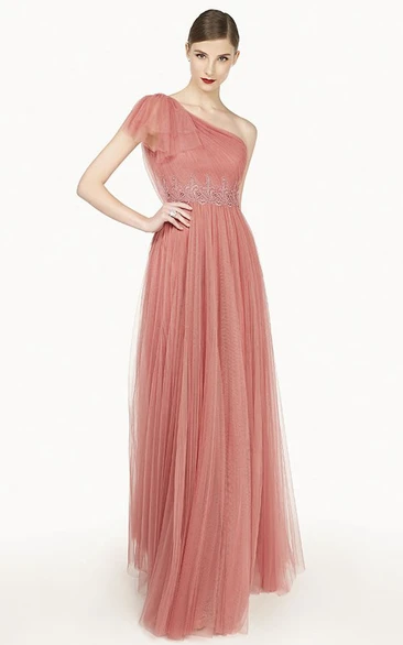 Single Ruffled Strap A-Line Tulle Long Prom Dress Illusion Back With Cowl