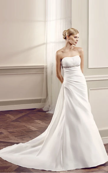 Strapless Floor-Length Side-Draped Chiffon Wedding Dress With Court Train And V Back