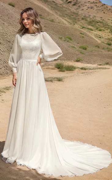 Long Sleeve Modest Rustic Casual A-Line Bateau Neck Wedding Dress Gowns with Train