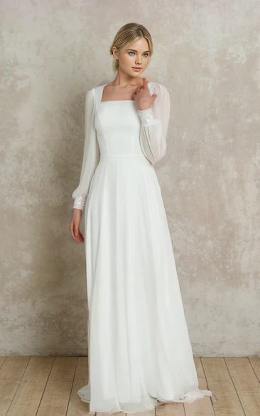 Vintage Elegant Square Neck A-Line Chiffon Wedding Dress Floor-length Long Sleeve Bridal Gown with Button Back Sweep Train