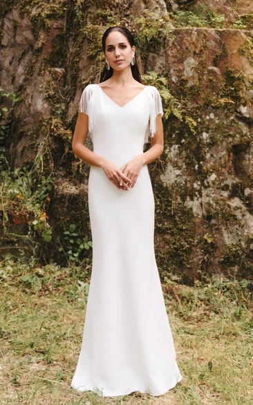 Country Satin Sheath Wedding Dress with Ruffles and V-Neck