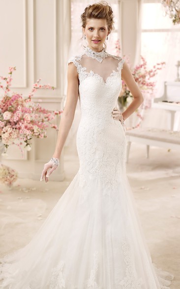 High-Neck Cap-Sleeve Mermaid Wedding Dress With Illusive Design And Open Back