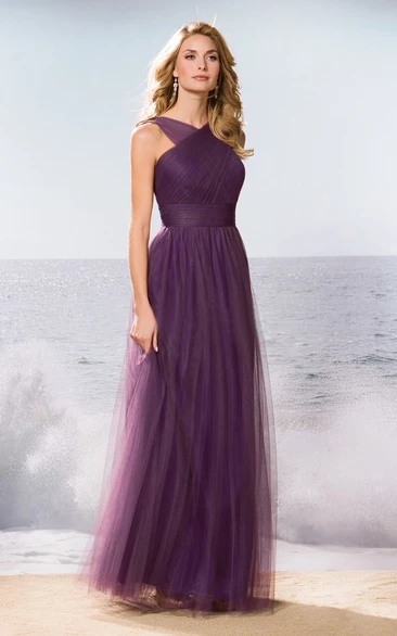 Sleeveless A-Line Tulle Bridesmaid Dress With Crisscross Style