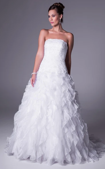 A-Line Floor-Length Sleeveless Strapless Cascading-Ruffle Organza Wedding Dress With Beading