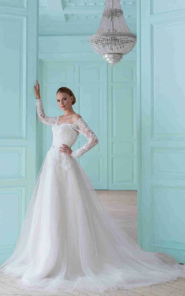 Ball Gown Off-The-Shoulder Maxi Long-Sleeve Tulle Wedding Dress With Appliques And Illusion