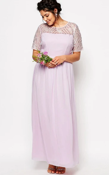 Sheath Short-Sleeve Scoop-Neck Ankle-Length Chiffon Bridesmaid Dress With Sequins