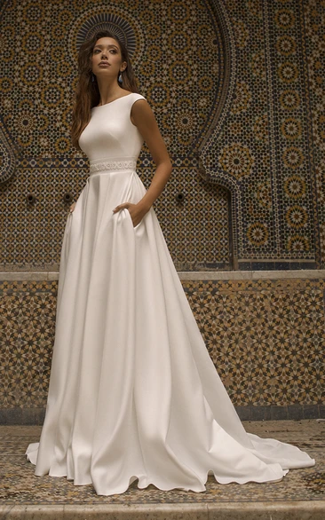 Satin Bateau Neckline With Cap Sleeve Elegant Wedding Dress With V-back And Sash Details