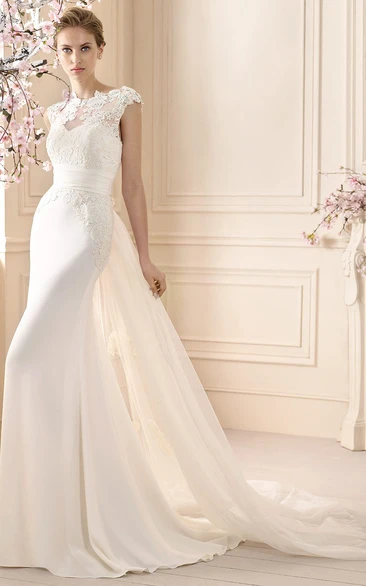 Sheath Floor-Length Cap-Sleeve Appliqued High-Neck Jersey Wedding Dress