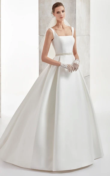 Square-Neck A-Line Satin Wedding Dress With Beaded Belt And Brush Train