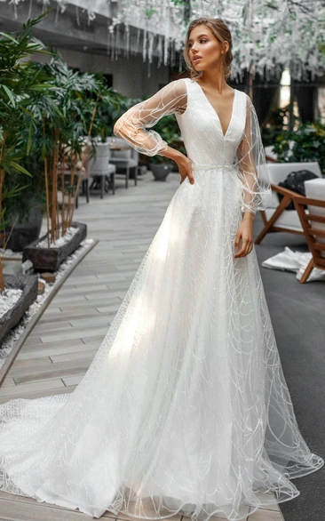 Modern V-neck A Line Organza Court Train Wedding Dress with Ruching