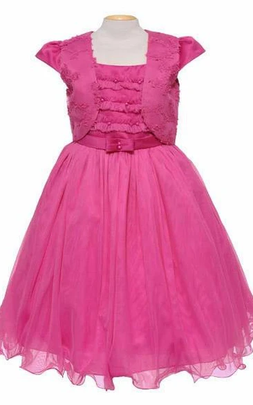 Short Bolero Bowed Tulle&Satin Flower Girl Dress With Embroidery