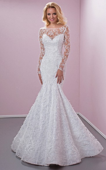 Mermaid Scoop Neck Appliqued Long Sleeve Lace Wedding Dress With Court Train