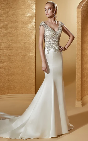 V-Neck Cap Sleeve Sheath Bridal Gown With Beaded Bodice And Open Back