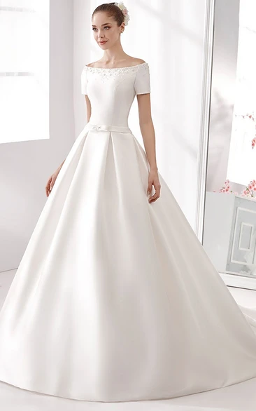 Satin off the Shoulder Sequin Embellished Wedding Ball Gown -  Canada