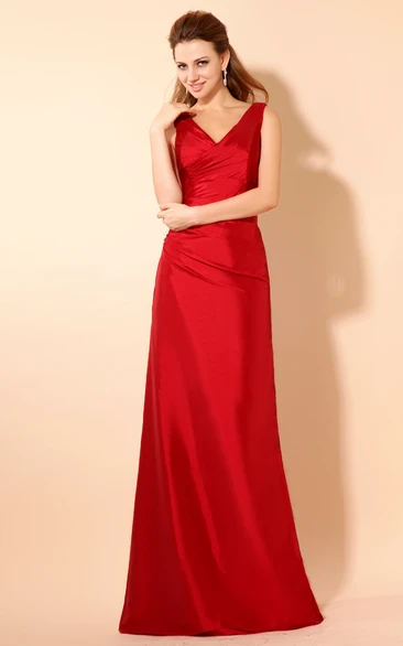 Sleeveless V-Neck Maxi Satin Formal Dress With Ruching And Belts