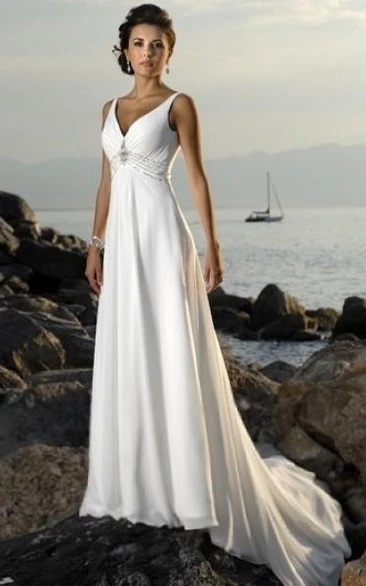 Empire V-neck Court Trains Sleeveless Chiffon Beach Wedding Dresses for Brides