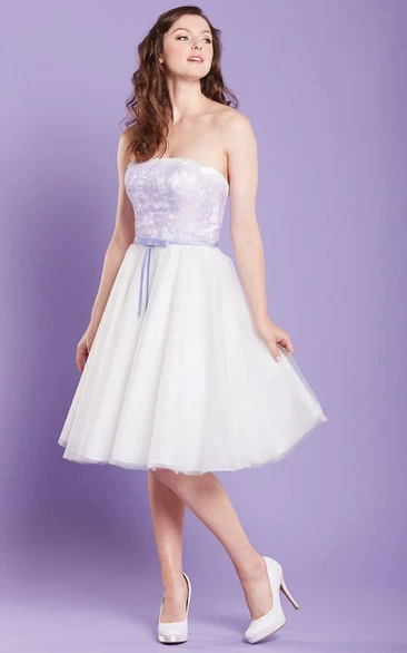 Midi Strapless Appliqued Tulle Bridesmaid Dress With Ribbon And V Back