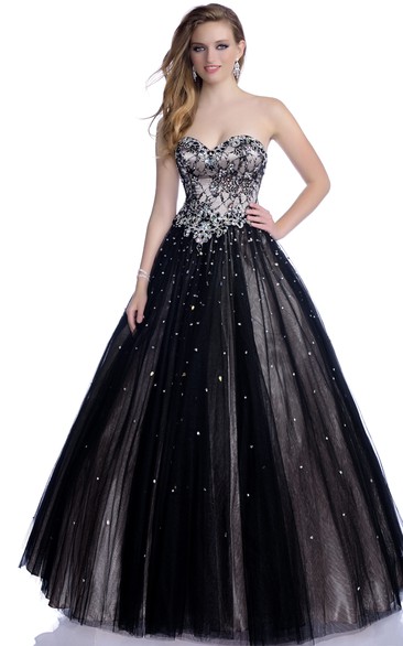 Sophisticated A-Line Tulle Sleeveless Sweetheart Prom Dress With Shining Rhinestones And Sequins