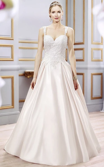 Ball-Gown Sleeveless Appliqued Floor-Length Satin&Lace Wedding Dress With Court Train And Backless Style