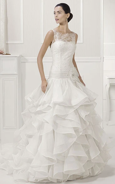 Illusion Bateau Neck Drop Waist Bridal Gown With Tiered Organza Skirt