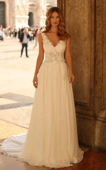 Modest A-Line Straps V-neck Lace Country Wedding Dress with Natural Sweep Train