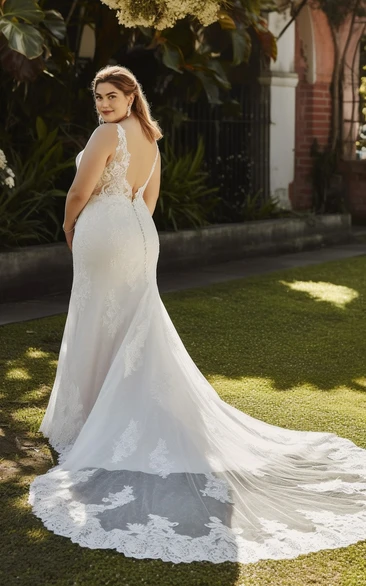 2023 Plus Size Mermaid Lace Tulle Wedding Dress Sleeveless Country Garden