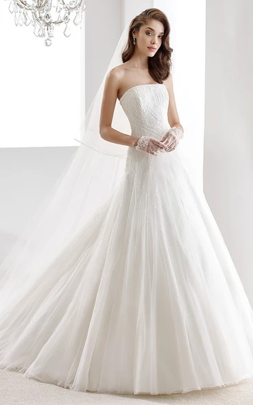 V-Neck Pleated A-Line Gown With Floral Appliques And Side Ruffles