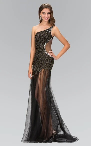 Sheath One-Shoulder Sleeveless Tulle Dress With Lace And Beading
