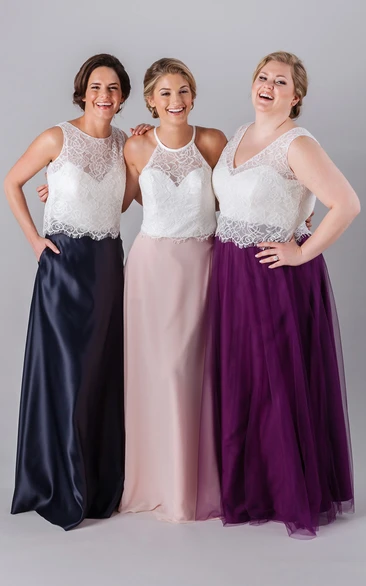 Floor-Length Lace Sleeveless Scoop Neck Satin Bridesmaid Dress