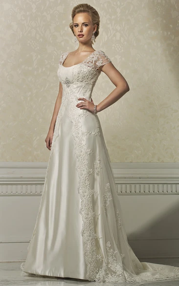 Sheath Long Cap-Sleeve Appliqued Square-Neck Satin&Lace Wedding Dress
