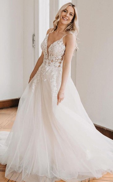 Lace Tulle Spaghetti V-neck A Line Sleeveless Floor-length Backless Wedding Dress With Appliques