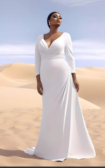 Plus Size Mermaid Chiffon Wedding Dress 2023 3/4 Sleeve V-neck Elegant Sweep Train