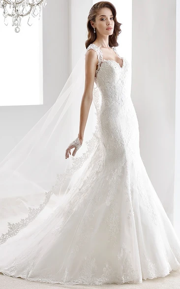 Sweetheart Cap Sleeve Sheath Lace Gown With Appliques Straps And Keyhole Back