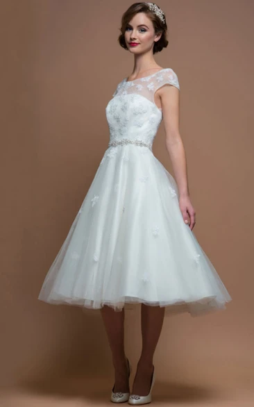 A-Line Scoop-Neck Cap-Sleeve Jeweled Tea-Length Tulle Wedding Dress