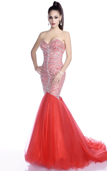 Mermaid Tulle Sleeveless Sweetheart Crystal Prom Dress Featuring Lace-Up Back