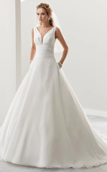 Deep-V Open-Back Satin Bridal Gown With Cap Sleeves And Wide Waistband